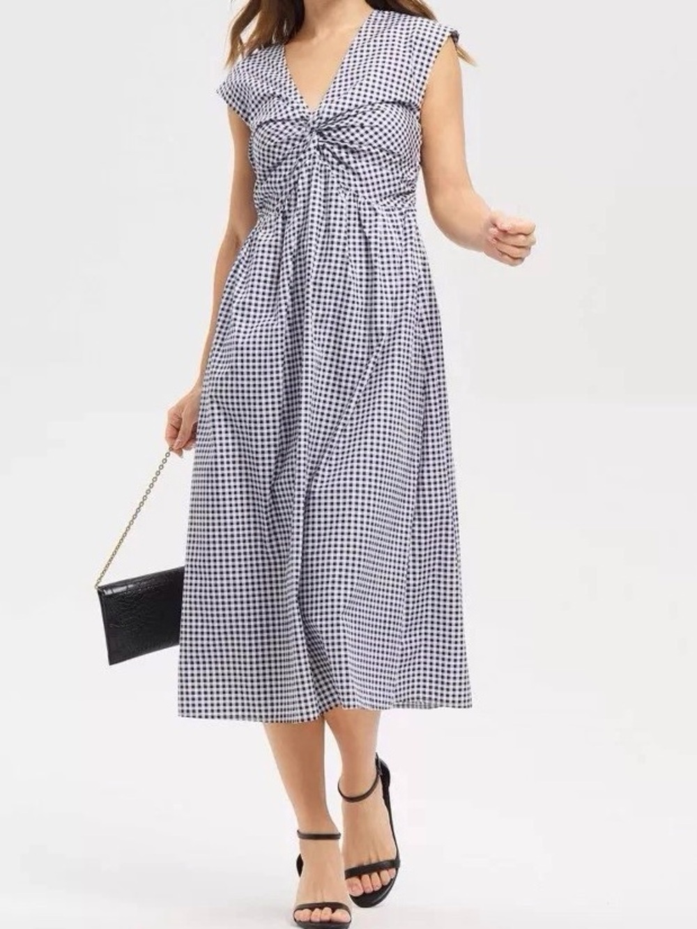 Gingham Twist-Front Midi Dress in Black & White